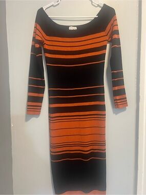 Always Black and Orange Striped Long Sleeve Midi Dress